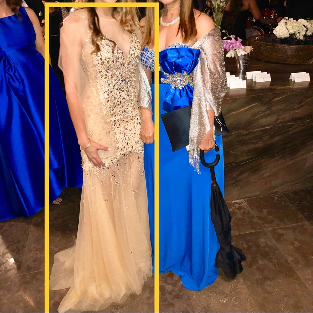 Gold gown, siren shape, with stones and sequences for an extra shine with train